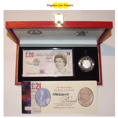 2000 £20 Note and Silver Proof Crown Set - Millennium